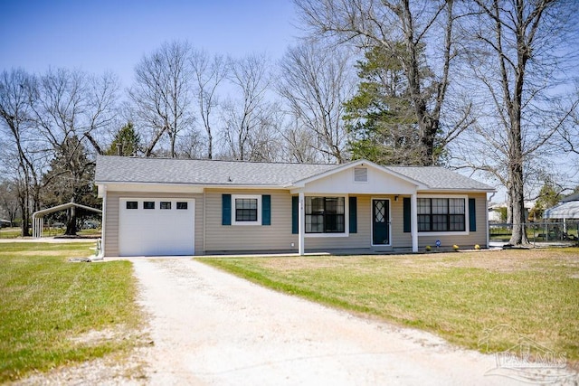 ranch-style house with a front lawn, dirt driveway, a detached carport, roof with shingles, and an attached garage