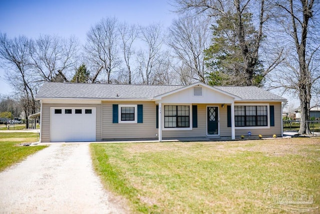 ranch-style house featuring a front yard, an attached garage, dirt driveway, and a shingled roof