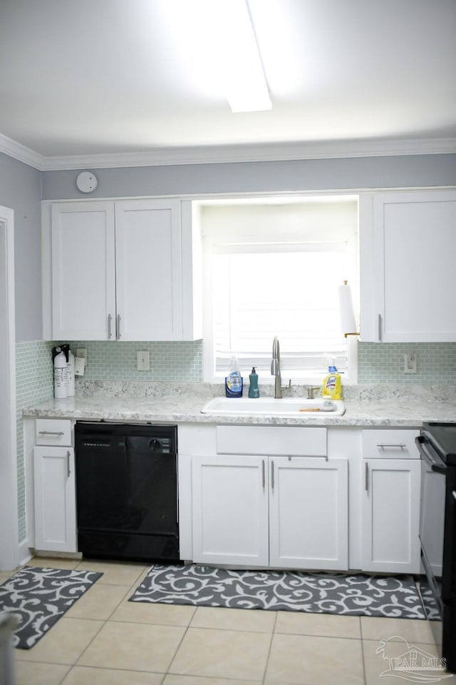 kitchen featuring white cabinetry, black appliances, crown molding, and a sink