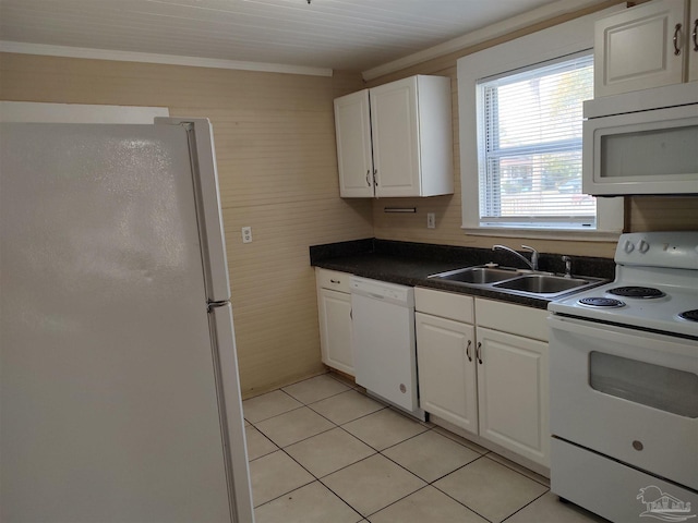 kitchen featuring white appliances, ornamental molding, sink, and white cabinets