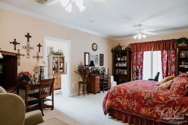 bedroom featuring crown molding, light colored carpet, and ceiling fan