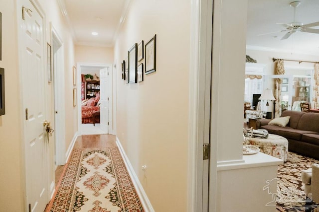 hallway with baseboards and ornamental molding