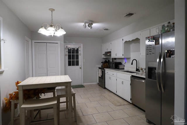 kitchen with an inviting chandelier, stainless steel appliances, pendant lighting, white cabinets, and sink