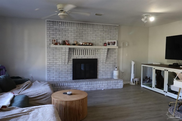 living room featuring a fireplace and dark wood-type flooring