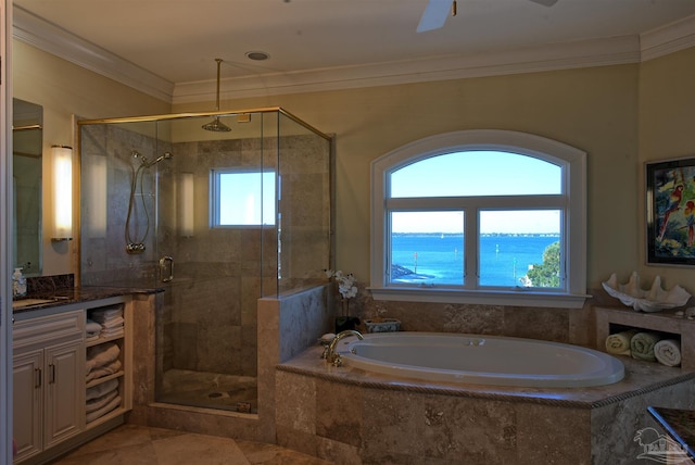 full bath featuring a water view, vanity, a shower stall, a bath, and crown molding