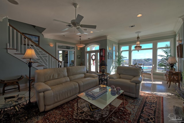 living area featuring visible vents, baseboards, ornamental molding, stairs, and recessed lighting