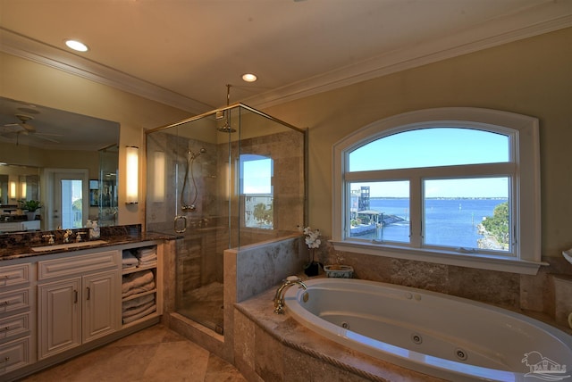 bathroom with ornamental molding, a water view, a jetted tub, vanity, and a shower stall