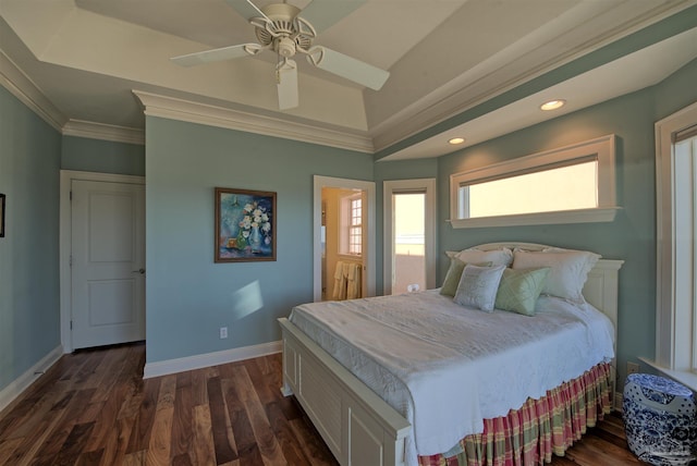 bedroom featuring recessed lighting, a ceiling fan, baseboards, dark wood finished floors, and crown molding