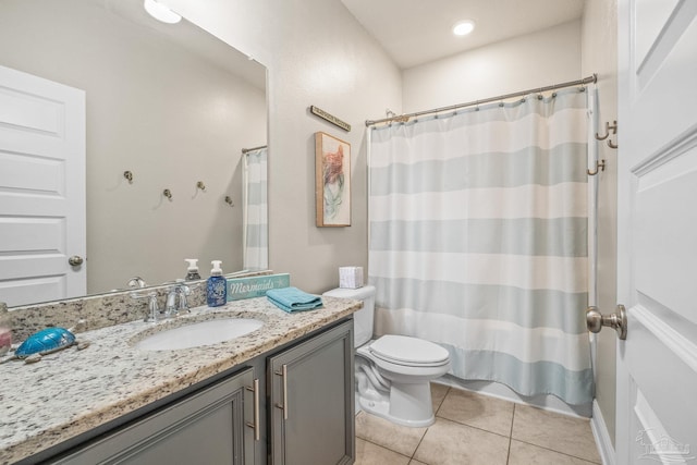 bathroom featuring tile patterned flooring, toilet, recessed lighting, a shower with shower curtain, and vanity