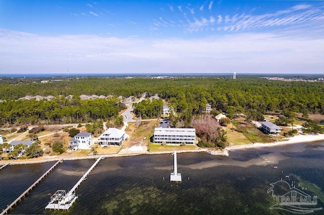 birds eye view of property featuring a water view and a view of trees