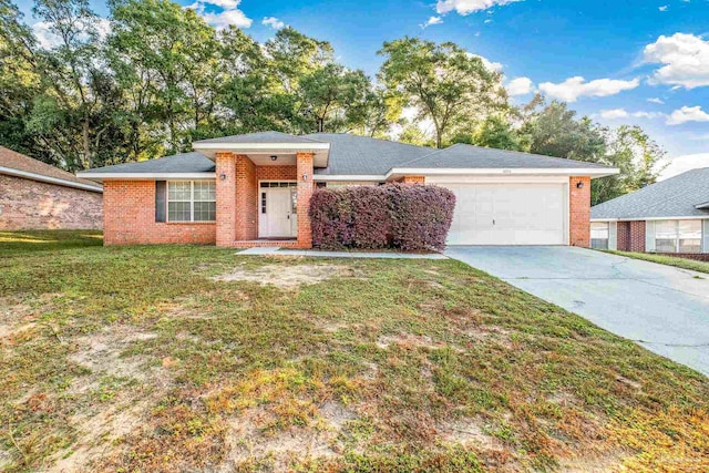 ranch-style home featuring a garage and a front yard