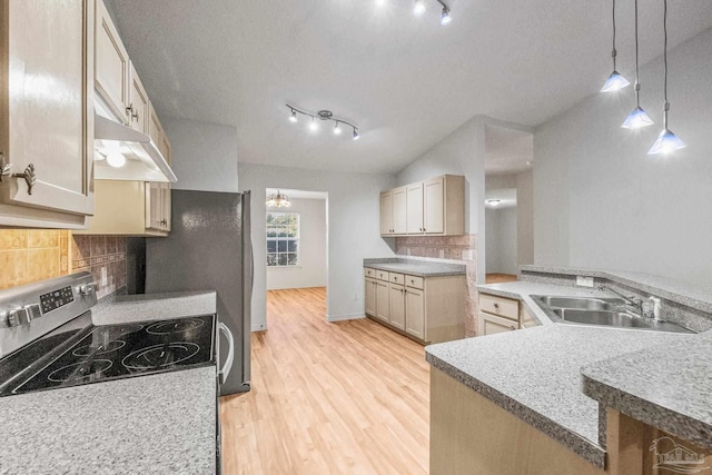 6240 Tributary St, Pensacola, FL 32526 - kitchen with electric stove, sink, light hardwood / wood-style flooring, light brown cabinetry, and decorative light fixtures