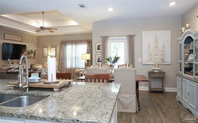 kitchen with sink, ceiling fan, light stone countertops, a tray ceiling, and dark hardwood / wood-style flooring