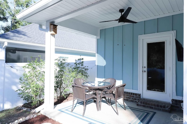 view of patio featuring ceiling fan