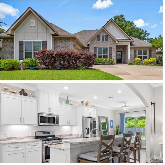1504 Cadence Loop, Cantonment, FL 32533 - kitchen with stainless steel appliances, white cabinets, light stone countertops, crown molding, and a kitchen bar