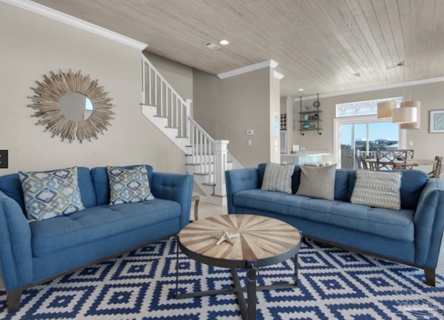 living room featuring ornamental molding and wood ceiling