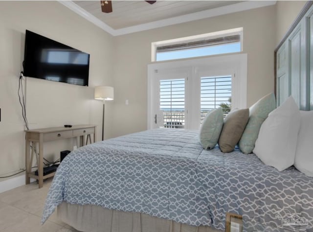 bedroom featuring crown molding, access to outside, ceiling fan, and light tile patterned floors