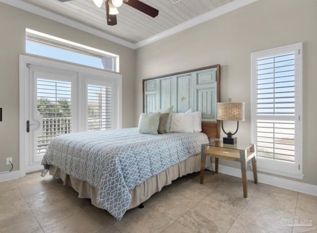 bedroom featuring crown molding, ceiling fan, wooden ceiling, and access to outside