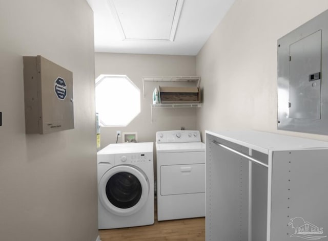 washroom with light hardwood / wood-style floors, electric panel, and washer and dryer