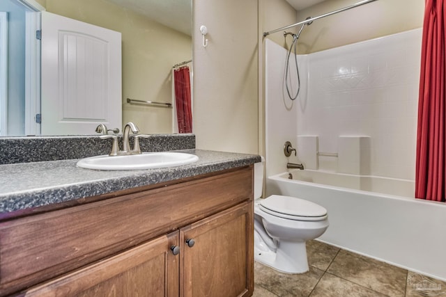 full bathroom with vanity, shower / bath combo, tile patterned floors, and toilet