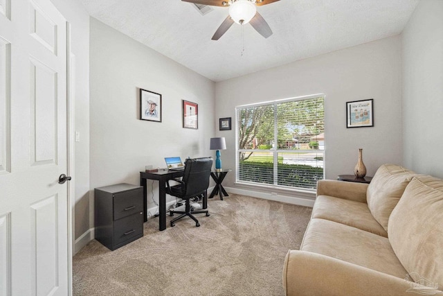 1328 Tour Dr, Gulf Breeze, FL 32563 - home office featuring light carpet, a ceiling fan, and baseboards