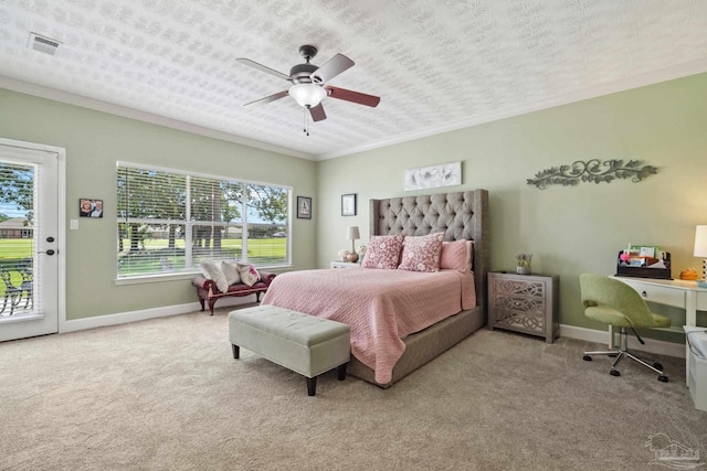 1328 Tour Dr, Gulf Breeze, FL 32563 - carpeted bedroom with access to outside, baseboards, crown molding, and a ceiling fan