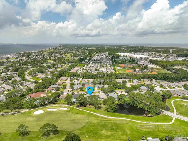 1328 Tour Dr, Gulf Breeze, FL 32563 - aerial view of property's location featuring nearby suburban area, a local golf course, and a large body of water