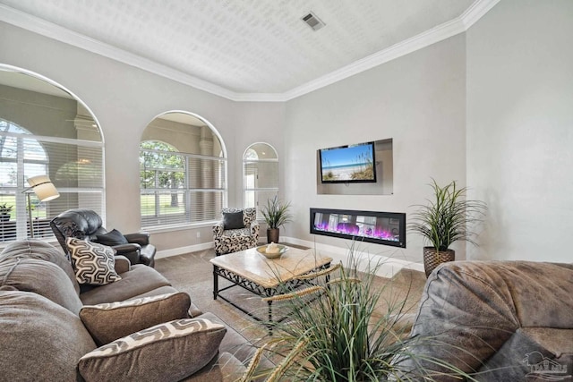 1328 Tour Dr, Gulf Breeze, FL 32563 - living area with a glass covered fireplace, baseboards, ornamental molding, and carpet floors