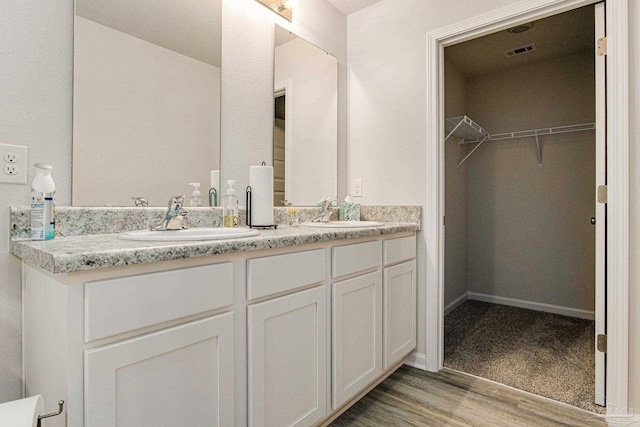 6340 Firefly Dr, Milton, FL 32583 - bathroom with double vanity, a sink, a walk in closet, and wood finished floors