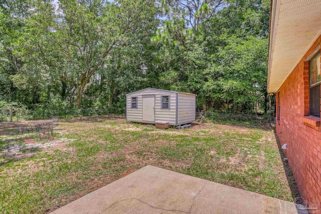 view of yard featuring a patio and a shed