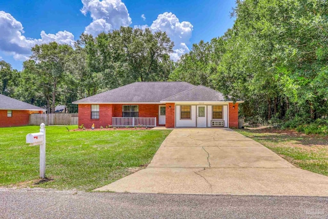 ranch-style home with a porch and a front lawn