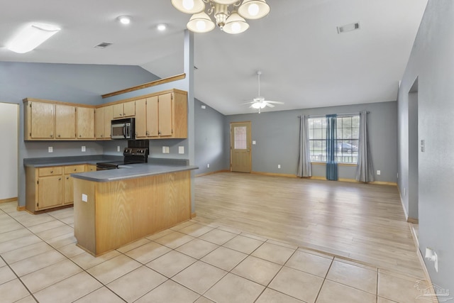 kitchen featuring kitchen peninsula, ceiling fan with notable chandelier, light brown cabinets, and black appliances