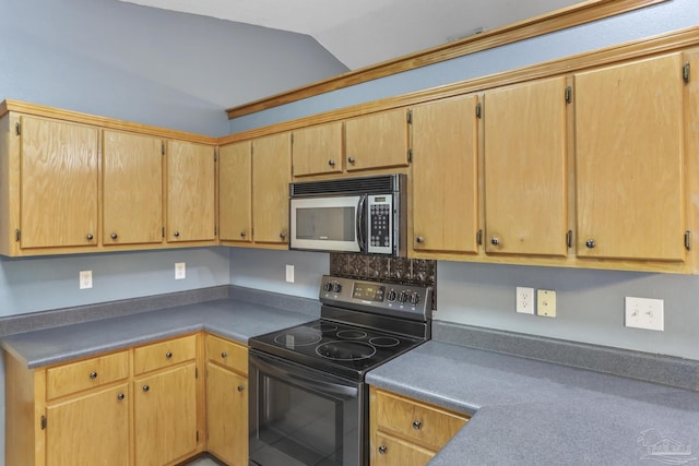 kitchen featuring lofted ceiling and stainless steel appliances