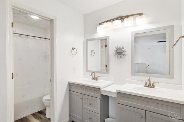 full bathroom with vanity, wood-type flooring, a textured ceiling, and toilet