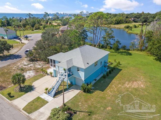 aerial view featuring a water view