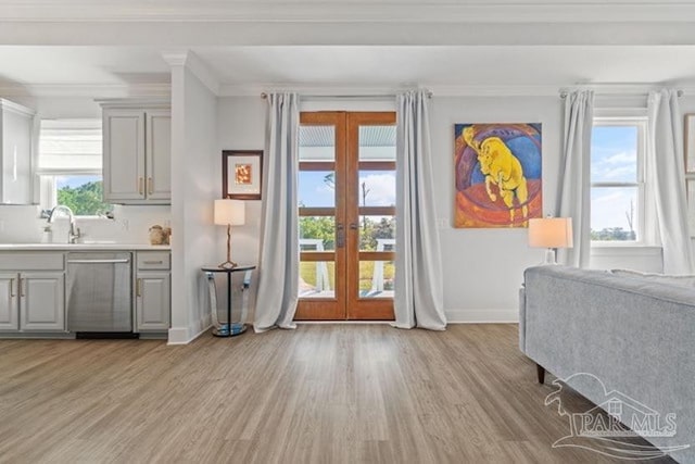 interior space with french doors, light hardwood / wood-style flooring, and a wealth of natural light