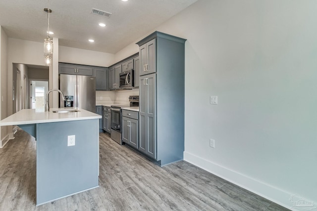 kitchen featuring sink, light hardwood / wood-style flooring, a center island with sink, and appliances with stainless steel finishes