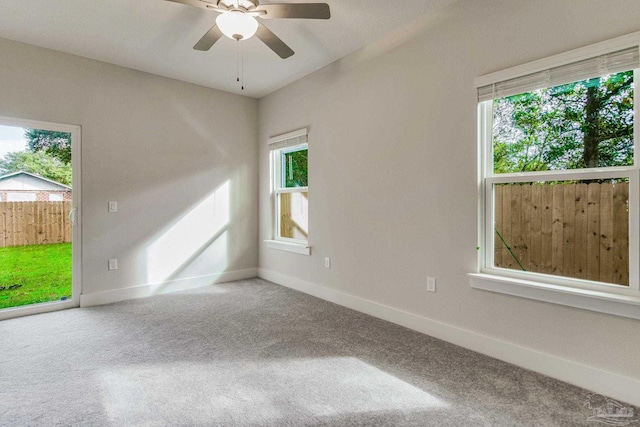 carpeted spare room featuring ceiling fan and a healthy amount of sunlight