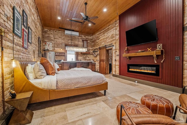 bedroom with wood walls and wood ceiling