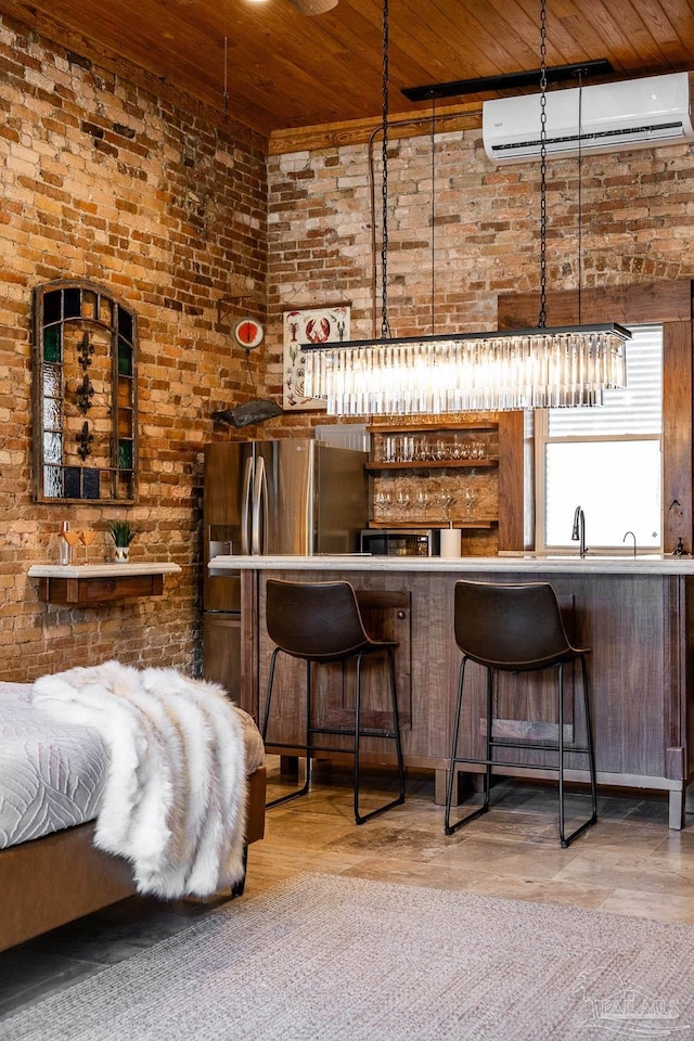 bar with pendant lighting, wood-type flooring, wood ceiling, and a wall mounted AC