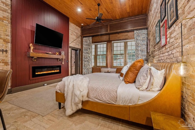 bedroom featuring wood walls and wood ceiling