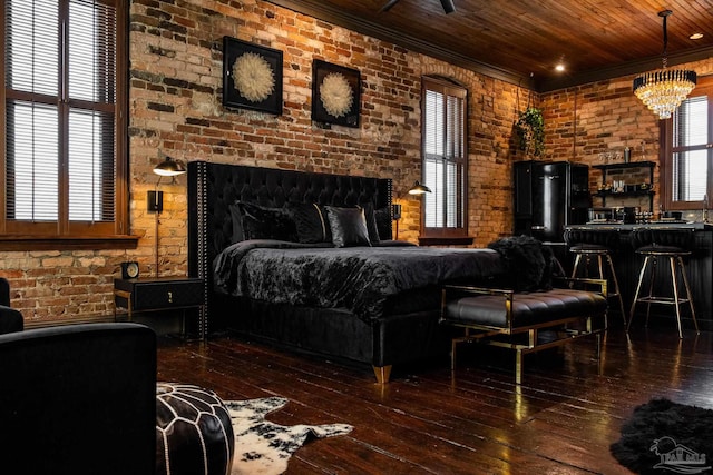 bedroom featuring wood ceiling, black fridge, a chandelier, and dark hardwood / wood-style floors