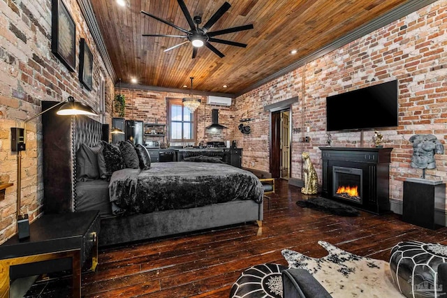 bedroom with wooden ceiling, dark wood-type flooring, ceiling fan, brick wall, and a wall unit AC