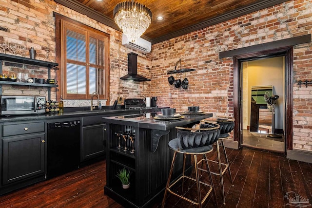 bar with sink, wall chimney range hood, black dishwasher, dark hardwood / wood-style flooring, and brick wall