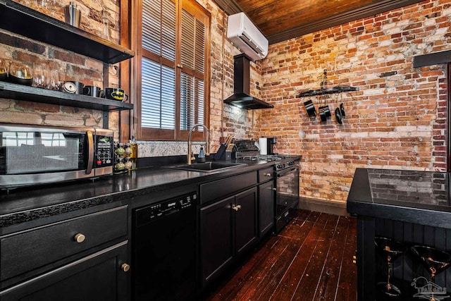 bar with black appliances, wall chimney range hood, sink, a wall mounted AC, and brick wall