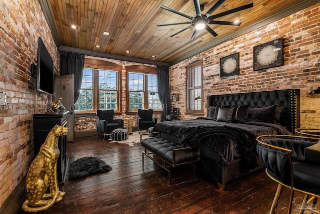 bedroom with ceiling fan, dark wood-type flooring, and brick wall