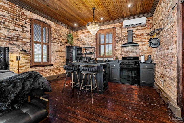 bar featuring a wall mounted air conditioner, black range with gas cooktop, dark wood-type flooring, wall chimney range hood, and decorative light fixtures