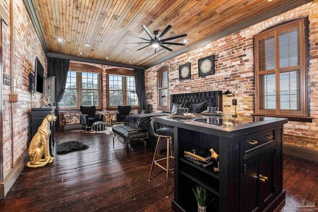 living room featuring ceiling fan, wood ceiling, dark wood-type flooring, and brick wall