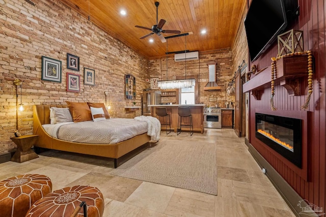 bedroom featuring a high ceiling, a wall unit AC, and wooden ceiling