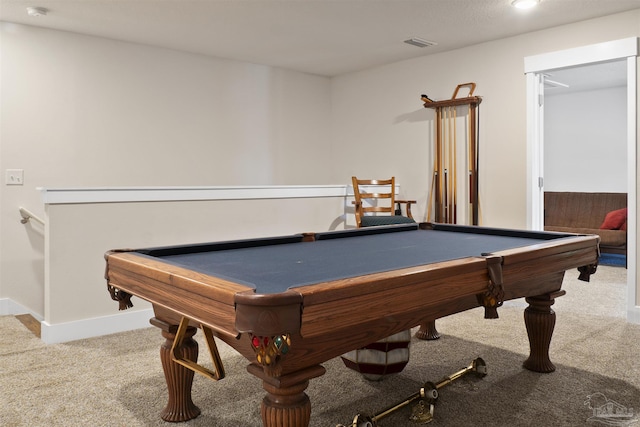 rec room with pool table and carpet